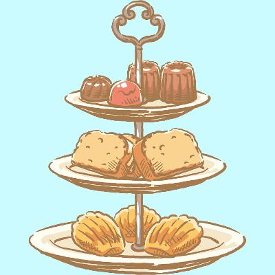 Illustrated tiered cake stand with desserts