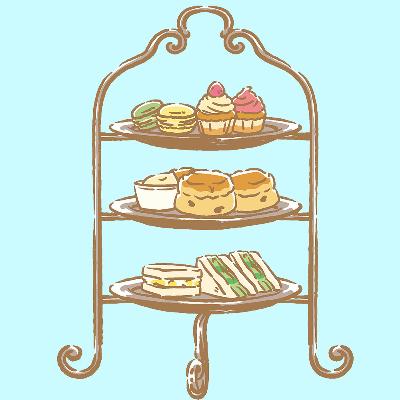 Illustrated afternoon tea tiered plates of desserts, scones and sandwiches