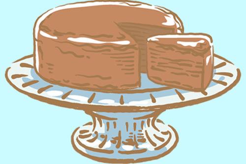 Illustrated chocolate cake on cakestand