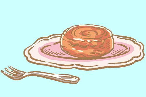 Illustrated pink plate with cinnamon bun and silver fork