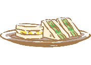 Illustrated plate of egg and cucumber sandwiches