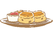 Illustrated plate of raisin scones and jam