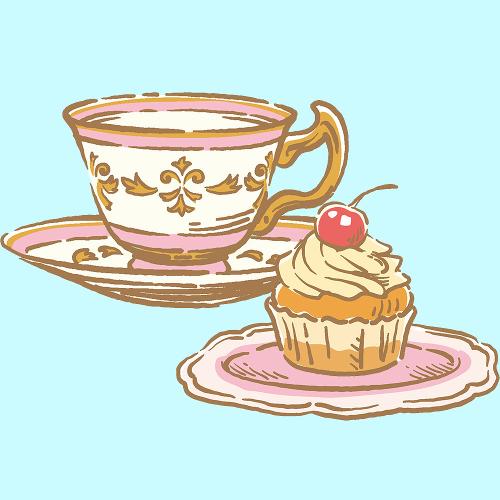 Illustrated pink gilded teacup with vanilla cupcake on plate