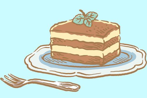 Illustrated layered chocolate and vanilla cake on blue pate with silver fork